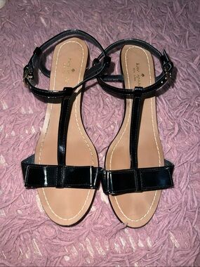 kate spade Black Patent T-Strap Bow Sandals